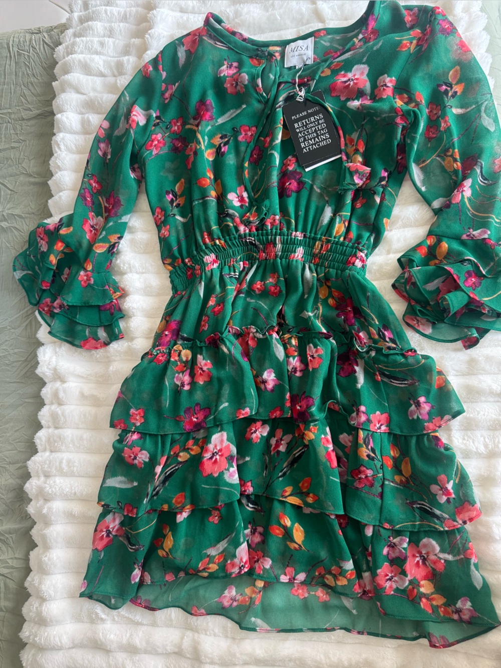 Misa Los Angeles Green Floral Tiered Ruffle Dress